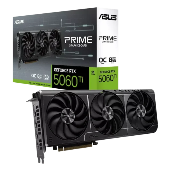 تصویر کارت گرافیک ASUS PRIME RTX 5060 Ti OC 8GB – طراحی حرفه‌ای با دو فن، بدنه مشکی و نورپردازی ساده