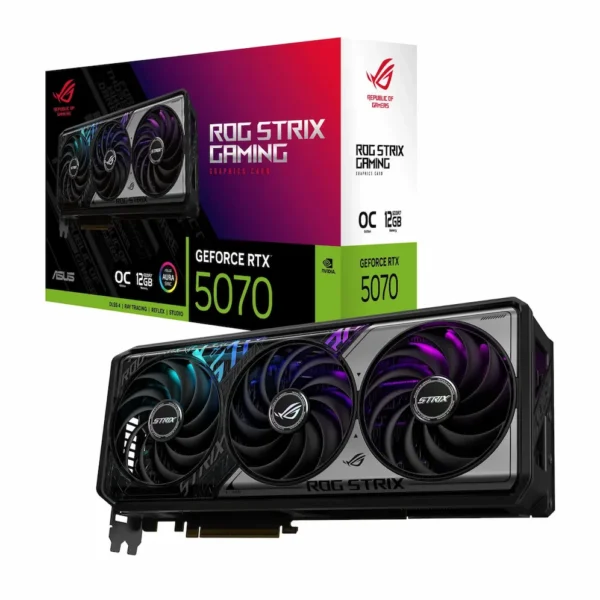 تصویر کارت گرافیک ASUS ROG Strix RTX 5070 OC 12GB – طراحی حرفه‌ای با سه فن، نورپردازی RGB و بدنه مشکی‑نقره‌ای